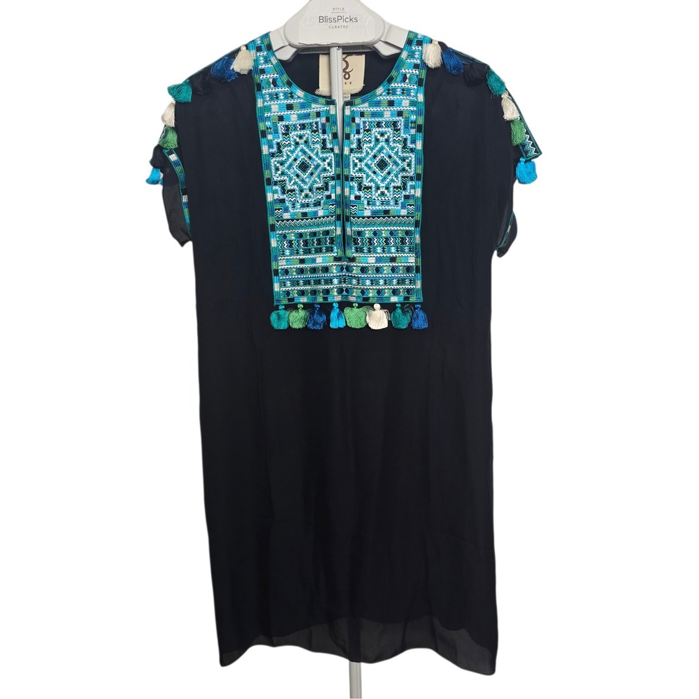 Figue Tikki Mini Dress Womens‎ XS Navy Silk Embroidered Tassel Boho Resortwear - Picture 2 of 9